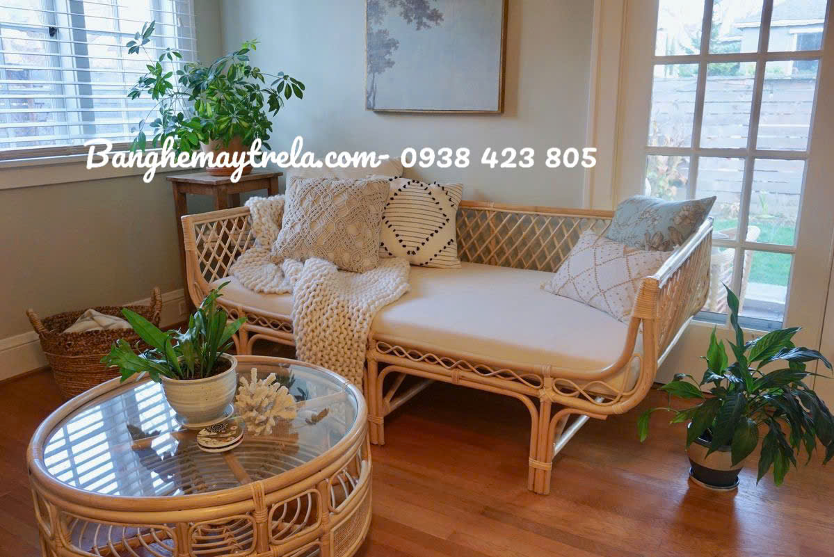 Ghế sofa dài mây tự nhiên lưng đan caro